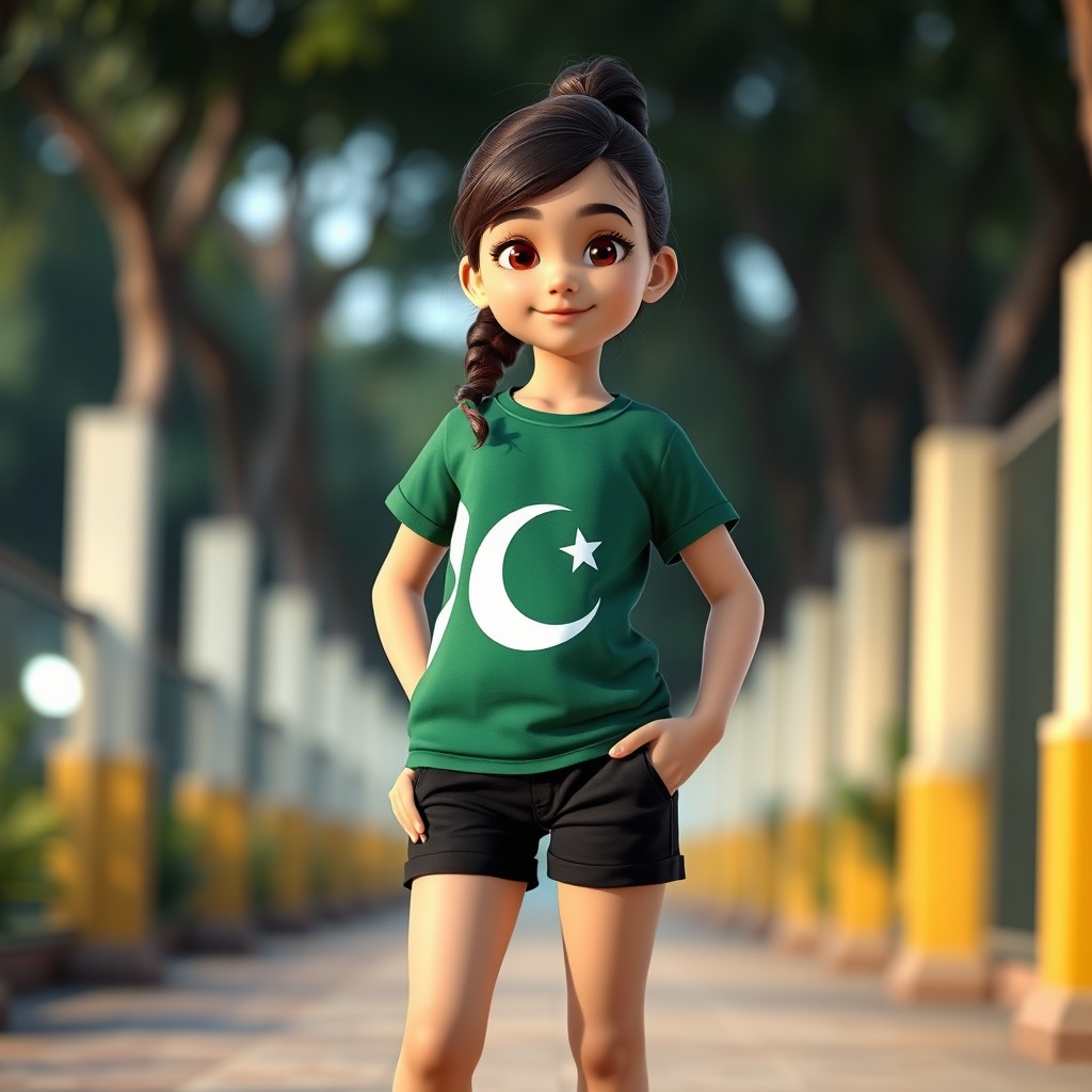 A young beautiful Pakistani girl, confidently standing outdoors, wearing a stylish T-shirt featuring the Pakistani flag design and paired with black shorts