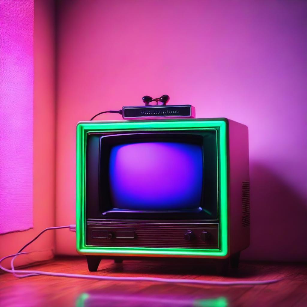 Retro game console plugged into a vintage TV in a room illuminated with neon lights