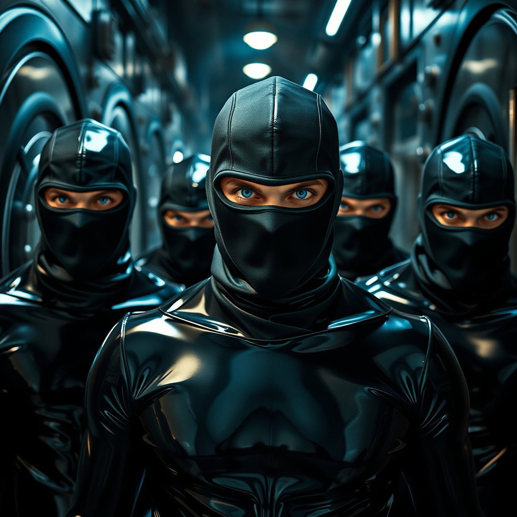 An exciting scene showcasing a group of male thieves with striking blue eyes, all dressed in form-fitting latex suits that shimmer under the light