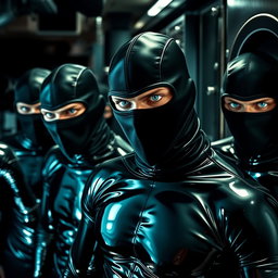 An exciting scene showcasing a group of male thieves with striking blue eyes, all dressed in form-fitting latex suits that shimmer under the light