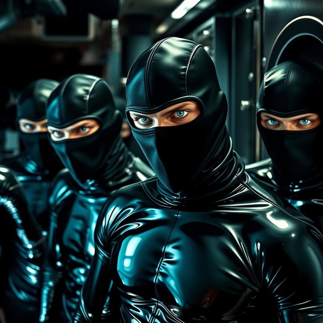 An exciting scene showcasing a group of male thieves with striking blue eyes, all dressed in form-fitting latex suits that shimmer under the light