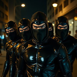 An intense scene depicting a group of male thieves with striking blue eyes, all clad in glossy latex suits that accentuate their physique