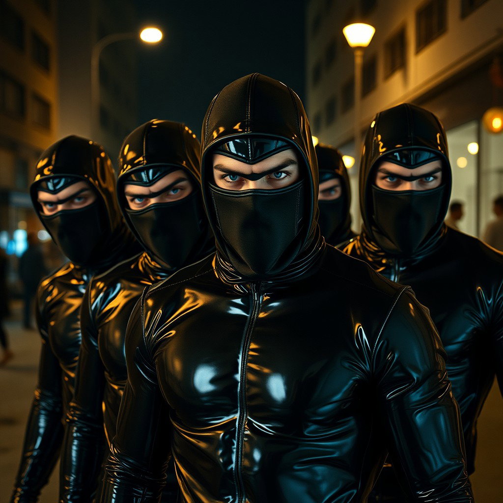 An intense scene depicting a group of male thieves with striking blue eyes, all clad in glossy latex suits that accentuate their physique