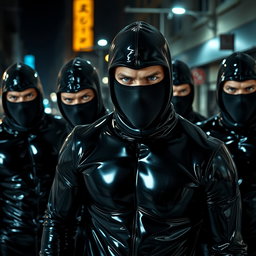 An intense scene depicting a group of male thieves with striking blue eyes, all clad in glossy latex suits that accentuate their physique