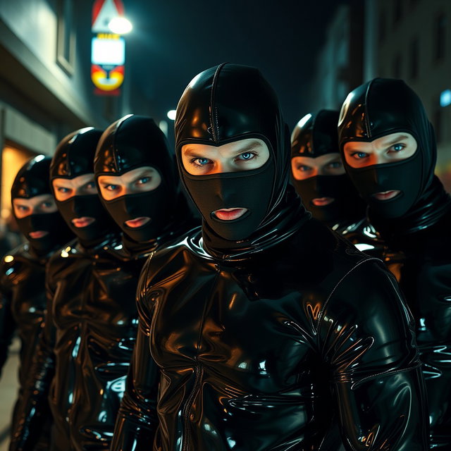 An intense scene depicting a group of male thieves with striking blue eyes, all clad in glossy latex suits that accentuate their physique