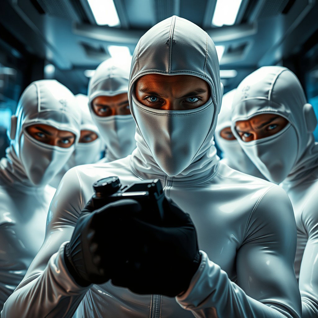An exhilarating scene depicting a group of male thieves with captivating blue eyes, all dressed in tight-fitting white latex suits that shine under the ambient light