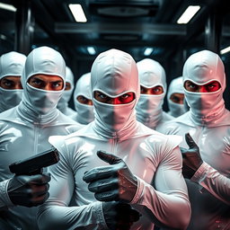An exhilarating scene depicting a group of male thieves with captivating blue eyes, all dressed in tight-fitting white latex suits that shine under the ambient light