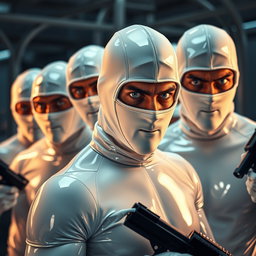 An exhilarating scene depicting a group of male thieves with captivating blue eyes, all dressed in tight-fitting white latex suits that shine under the ambient light