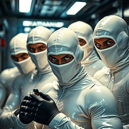 An exhilarating scene depicting a group of male thieves with captivating blue eyes, all dressed in tight-fitting white latex suits that shine under the ambient light