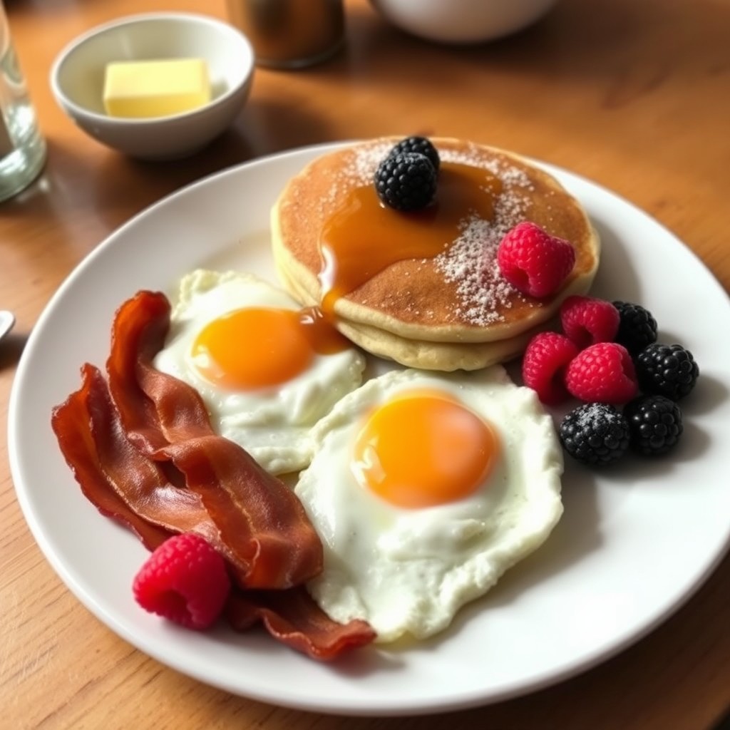 A delicious breakfast plate featuring perfectly fried eggs with runny yolks, crispy bacon, fluffy pancakes topped with maple syrup, and fresh berries arranged around the plate