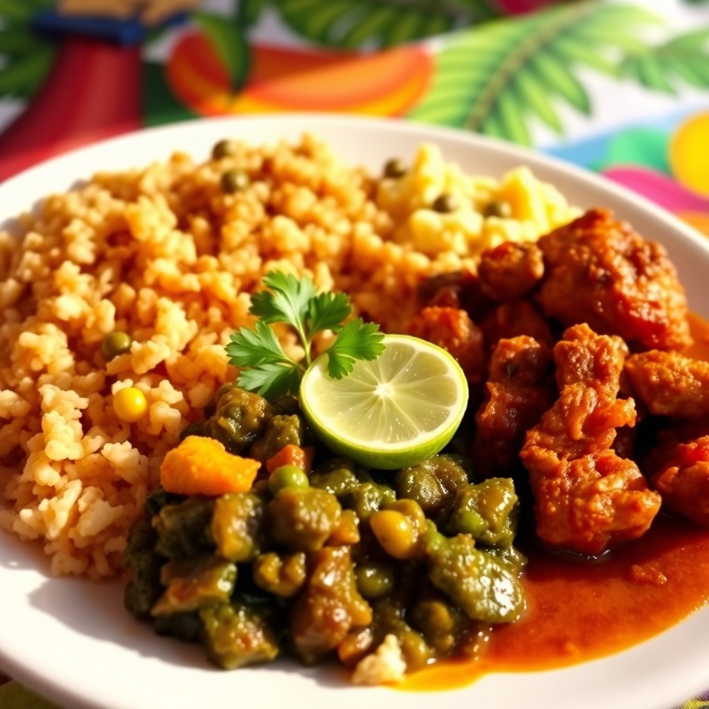 An authentic Trinidadian food plate showcasing a vibrant assortment of traditional dishes