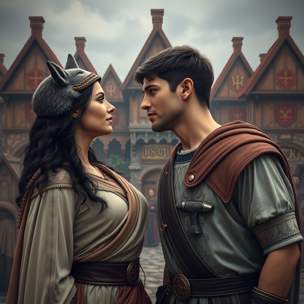 A close-up scene of Mayte and Daniel almost kissing, both wearing flowing, detailed Roman tunics