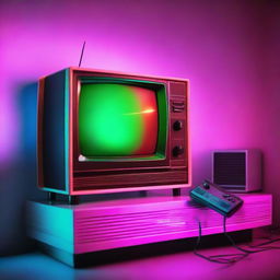 Retro game console plugged into a vintage TV in a room illuminated with neon lights