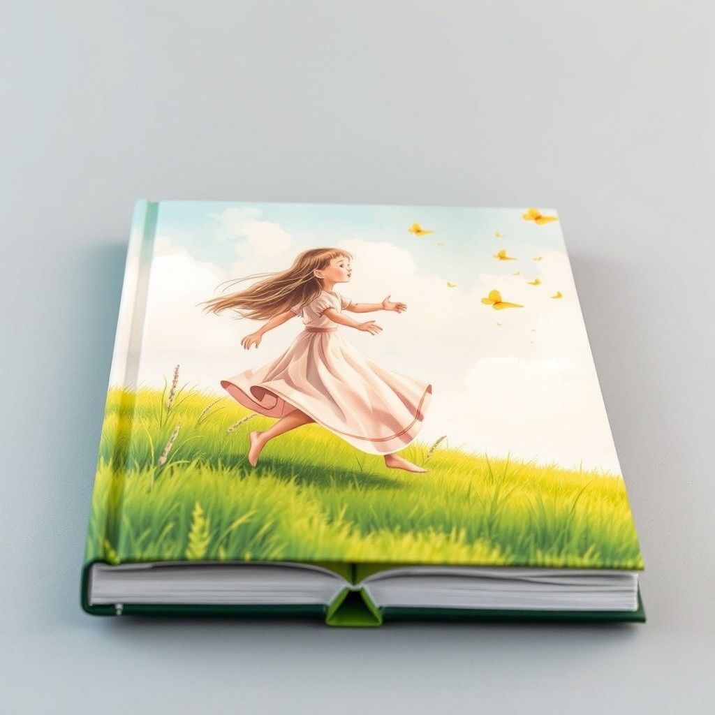 A beautiful book cover featuring a girl running in a field, wearing a long flowing dress and having long hair