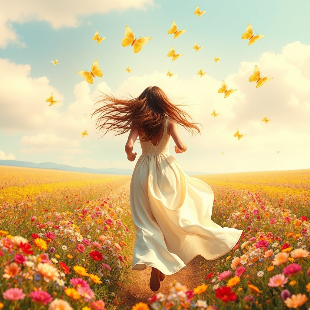 A captivating book cover featuring a woman running away from the viewer, showcasing her long hair flowing behind her and a beautiful long dress flowing in the wind