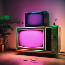 Retro game console plugged into a vintage TV in a room illuminated with neon lights