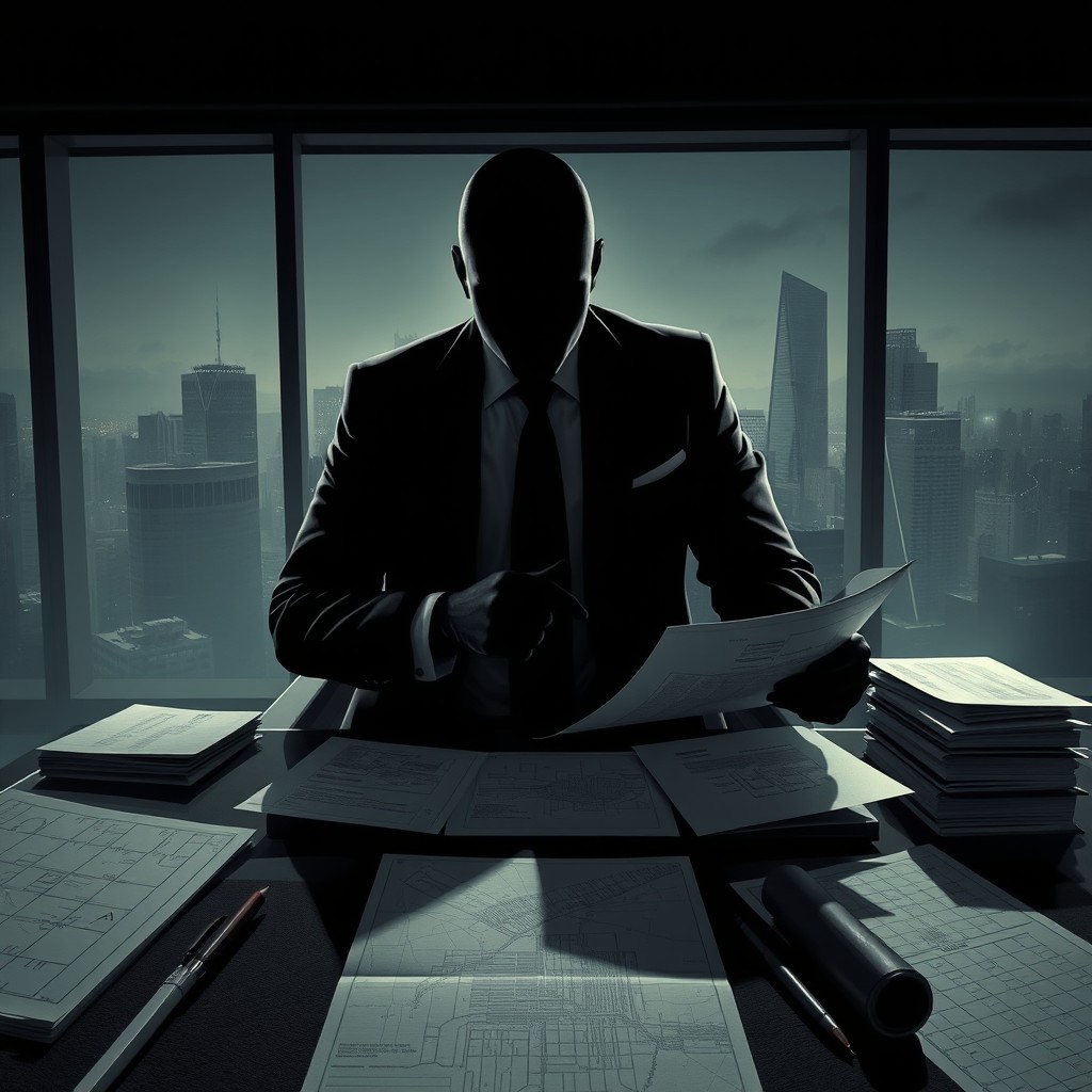 An artistic representation of the concept of the perfect crime, featuring a shadowy figure in a sophisticated suit and gloves, skillfully plotting at a modern, stylish desk cluttered with blueprints and a city map