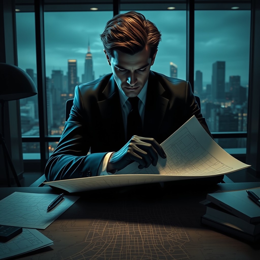 An artistic representation of the concept of the perfect crime, featuring a shadowy figure in a sophisticated suit and gloves, skillfully plotting at a modern, stylish desk cluttered with blueprints and a city map