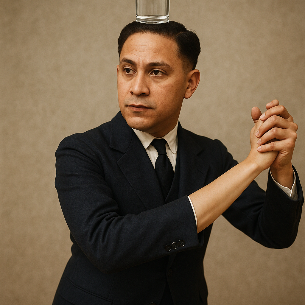 Make an image of this man dancing the waltz with a glass of water on his head