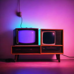 Retro game console plugged into a vintage TV in a room illuminated with neon lights