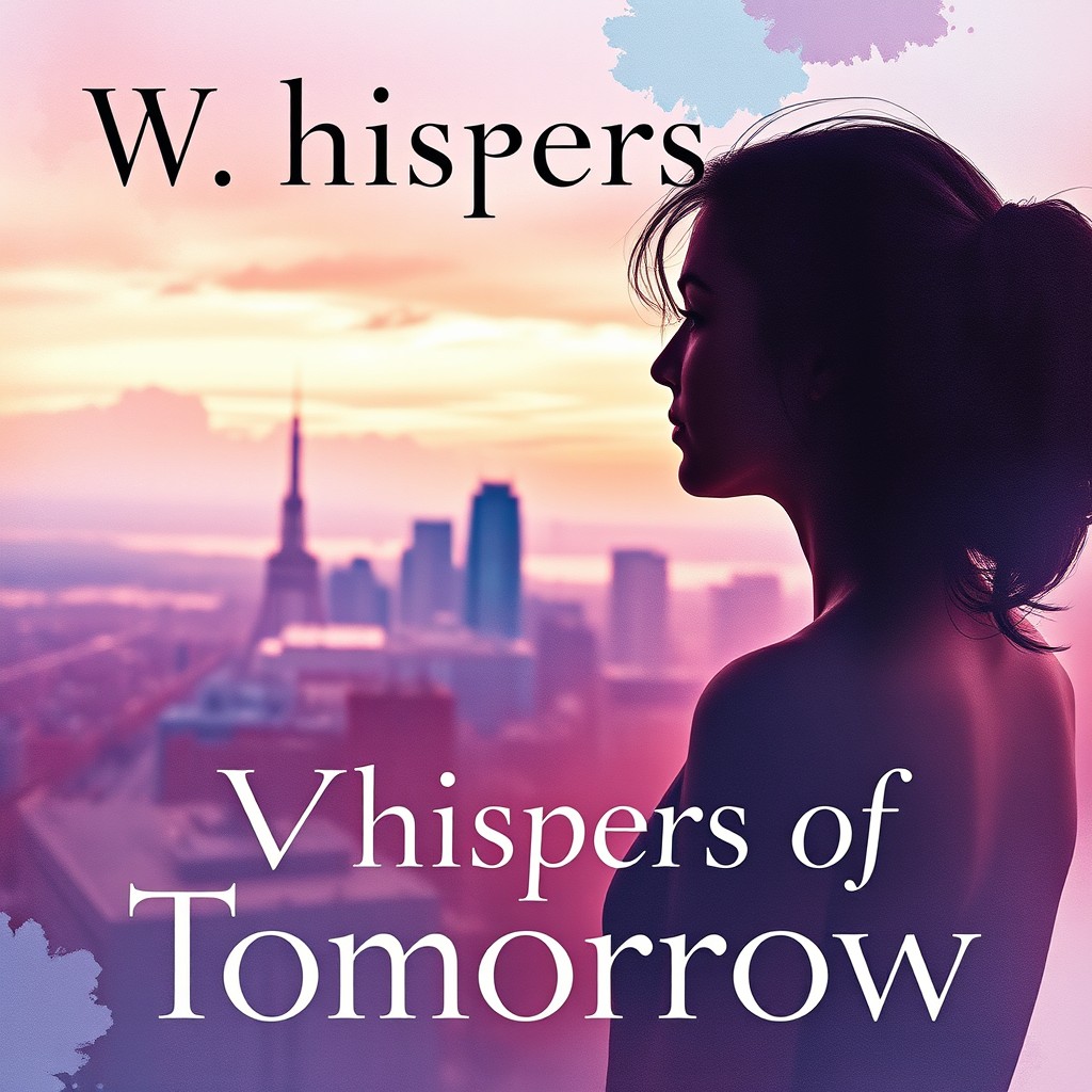 A captivating book cover for "Whispers of Tomorrow" featuring a silhouette of a woman looking thoughtfully at a distant horizon