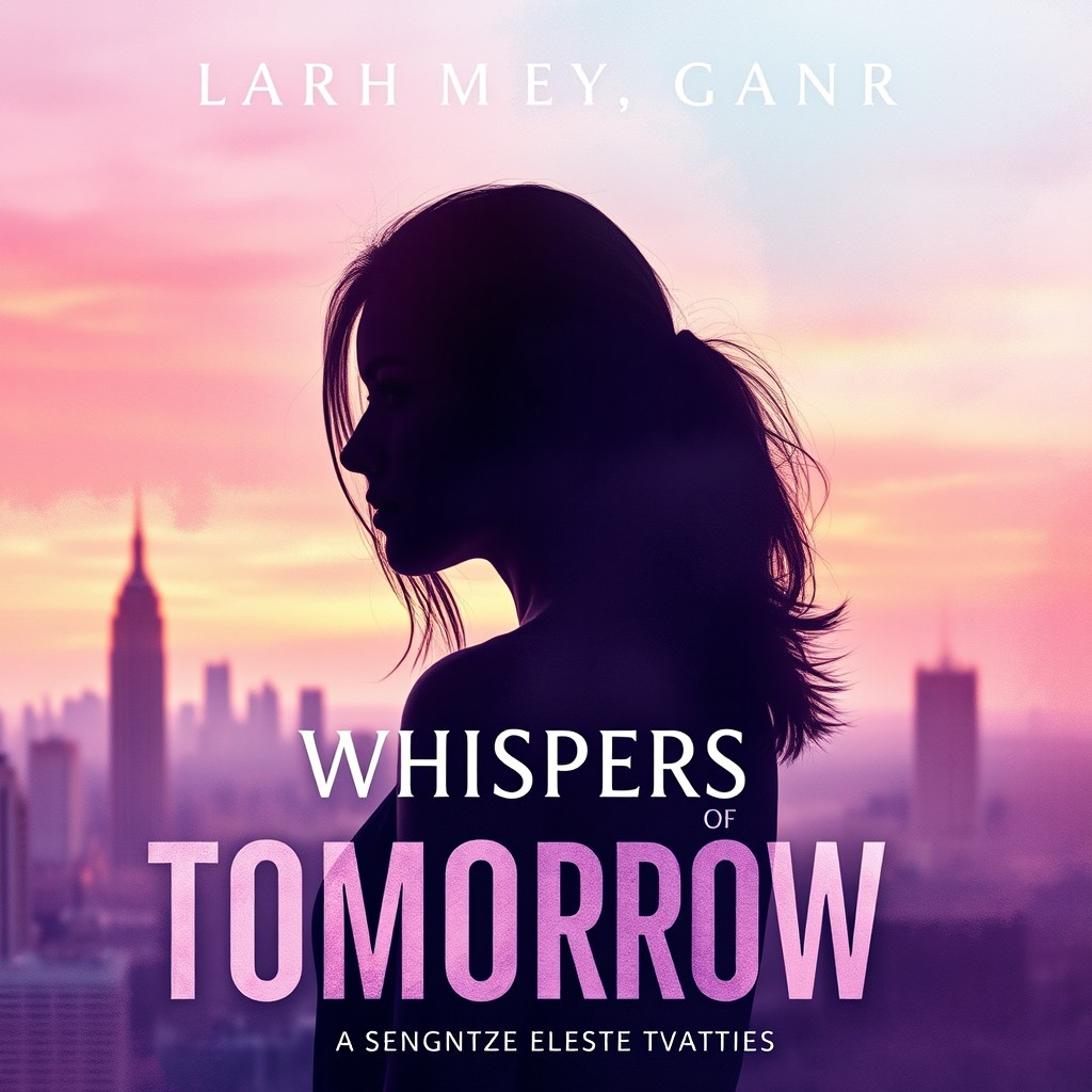 A captivating book cover for "Whispers of Tomorrow" featuring a silhouette of a woman gazing contemplatively at a distant horizon