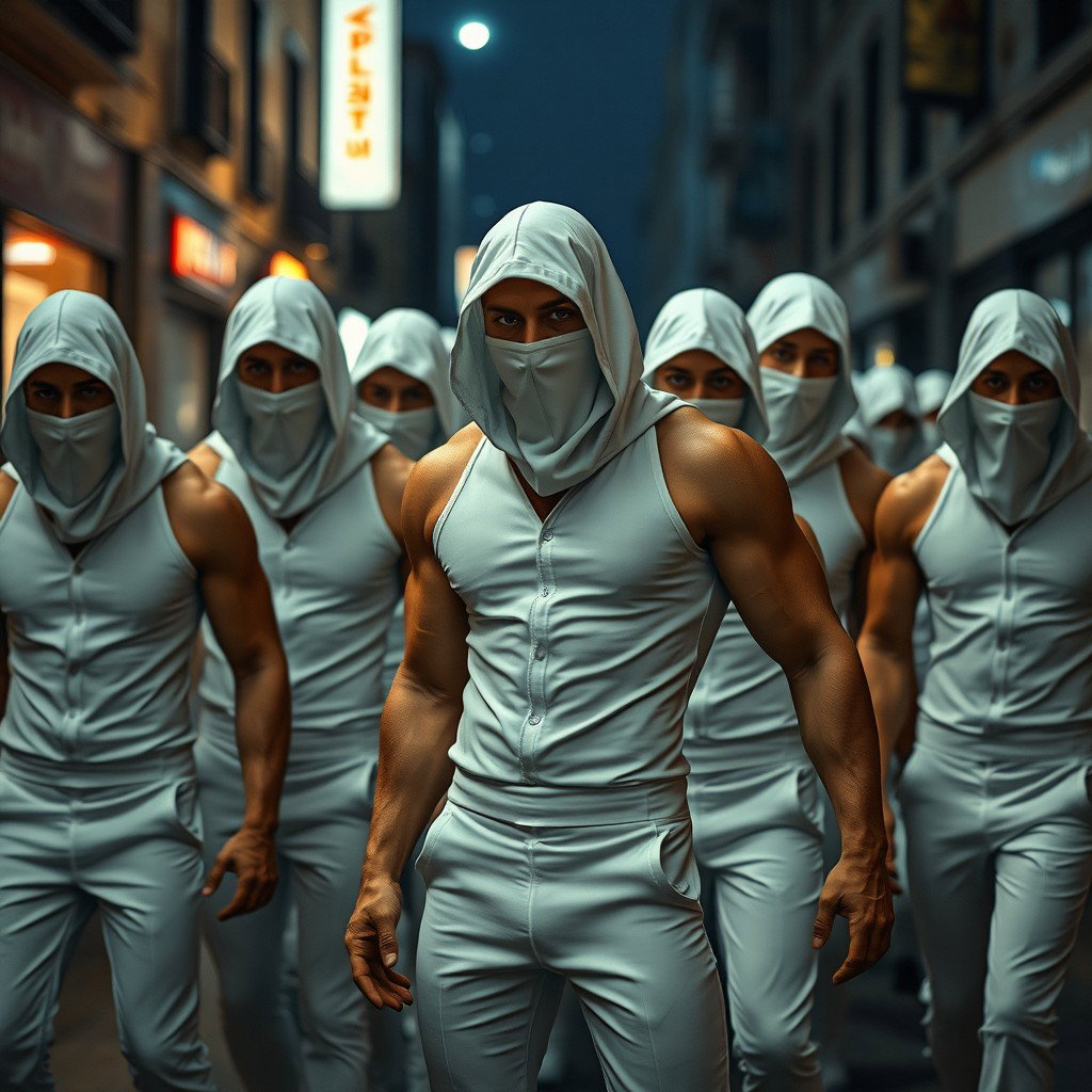 Un grupo de ladrones, todos hombres con cautivadores ojos azules, están vestidos con trajes de látex blanco que se ajustan perfectamente a sus cuerpos, resaltando su musculatura