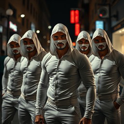 Un grupo de ladrones, todos hombres con cautivadores ojos azules, están vestidos con trajes de látex blanco que se ajustan perfectamente a sus cuerpos, resaltando su musculatura
