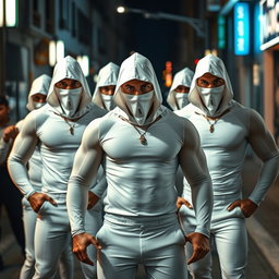 Un grupo de ladrones, todos hombres con cautivadores ojos azules, están vestidos con trajes de látex blanco que se ajustan perfectamente a sus cuerpos, resaltando su musculatura