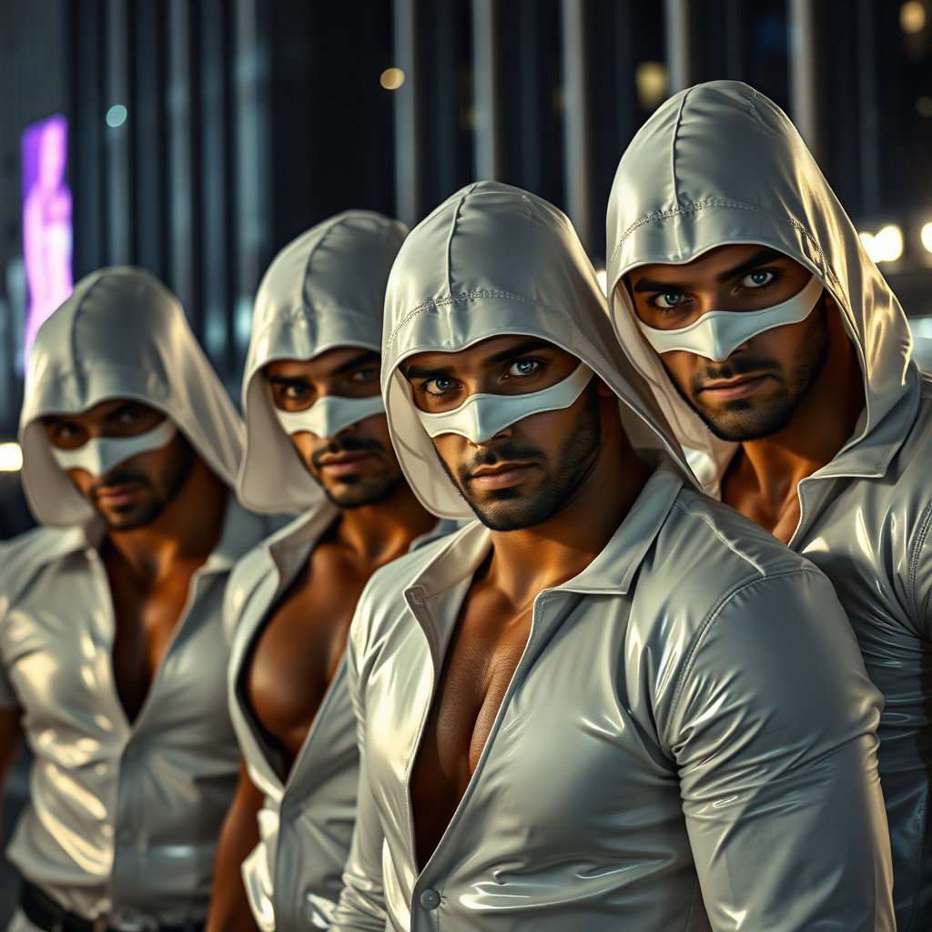 Un grupo de ladrones, todos hombres con penetrantes ojos azules, vestidos con trajes de látex blanco que brillan en la oscuridad, resaltando sus musculaturas esculpidas