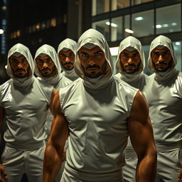 Un grupo de ladrones, todos hombres con penetrantes ojos azules, vestidos con trajes de látex blanco que brillan en la oscuridad, resaltando sus musculaturas esculpidas