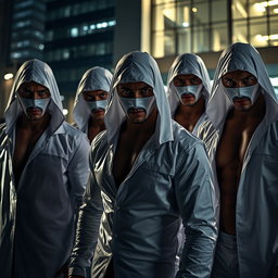 Un grupo de ladrones, todos hombres con penetrantes ojos azules, vestidos con trajes de látex blanco que brillan en la oscuridad, resaltando sus musculaturas esculpidas