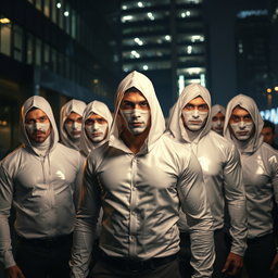 Un grupo de ladrones, todos hombres con penetrantes ojos azules, vestidos con trajes de látex blanco que brillan en la oscuridad, resaltando sus musculaturas esculpidas