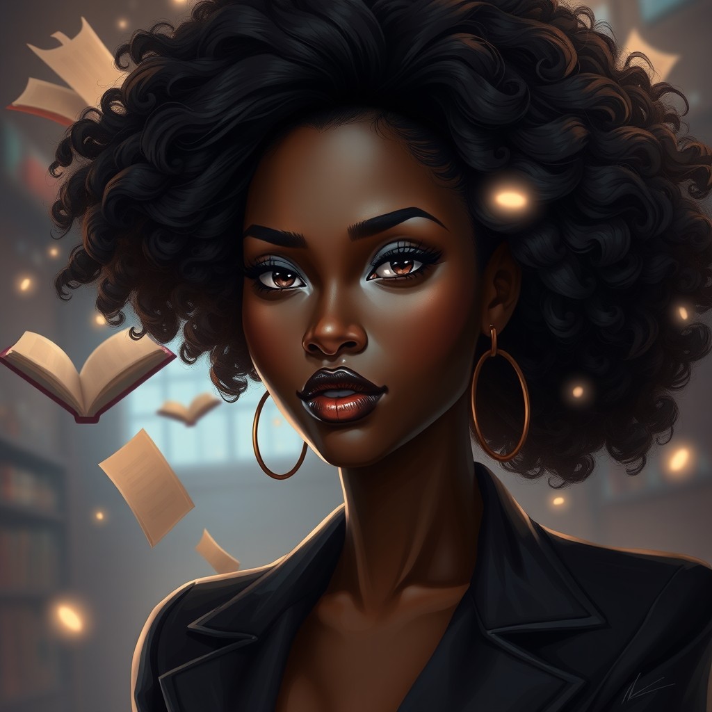 A portrait of a confident black woman with deep brown skin, showcasing voluminous afro-textured hair that is glossy and flowing