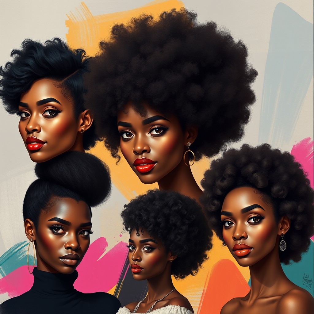 A collection of portraits showcasing various black women, each with unique afro hair textures and styles