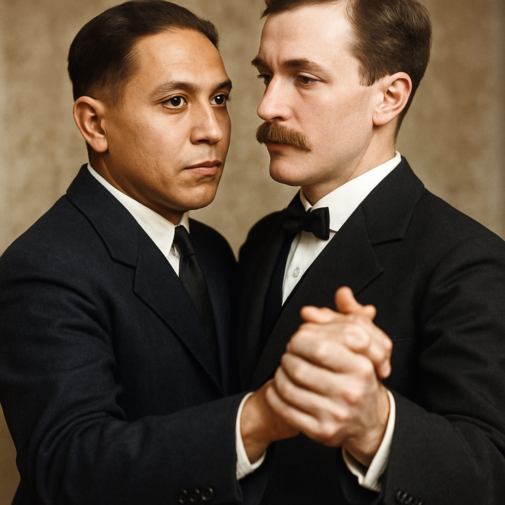 Make an image of this man dancing the waltz with a white man with a mustache