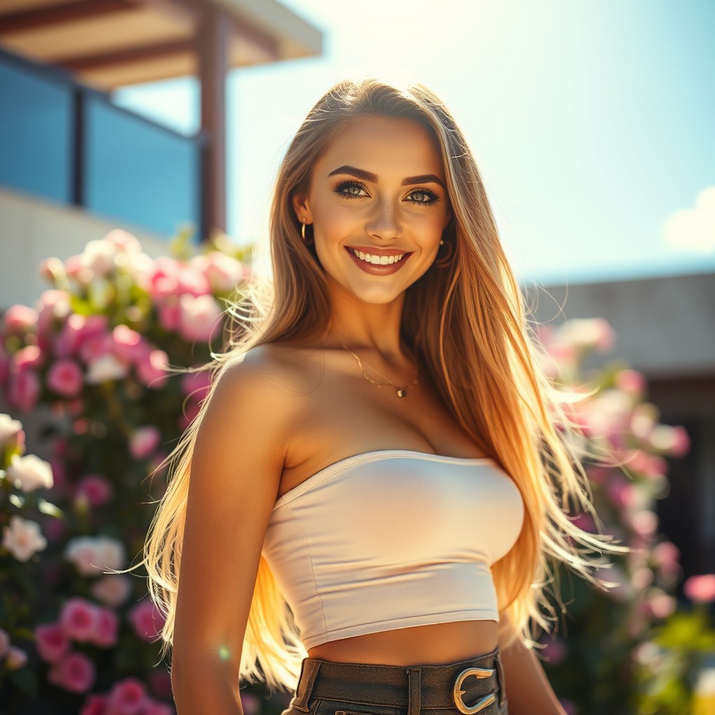 A stunningly beautiful young woman with long flowing hair, radiant skin, and a captivating smile