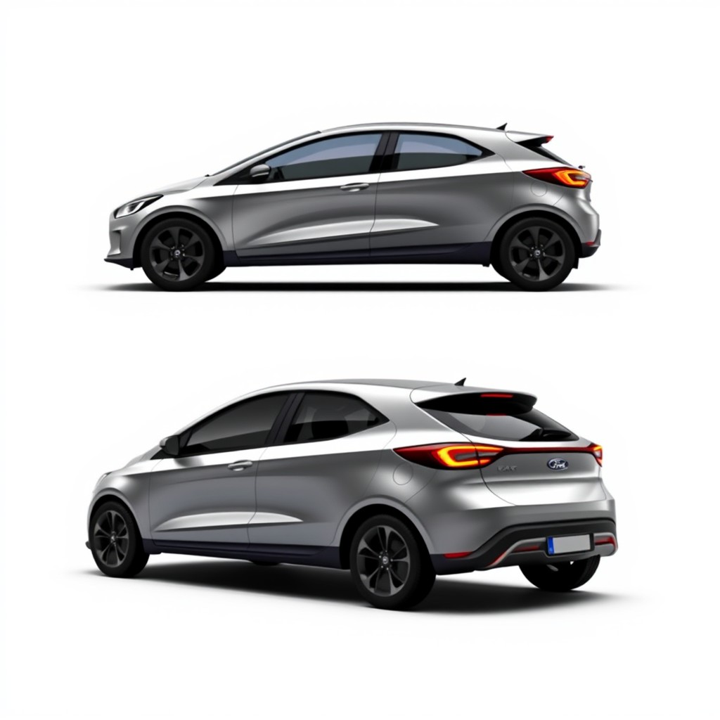 A modern reinterpretation of the Ford Ka for the year 2026, showcasing both the front and rear of the car with lateral views