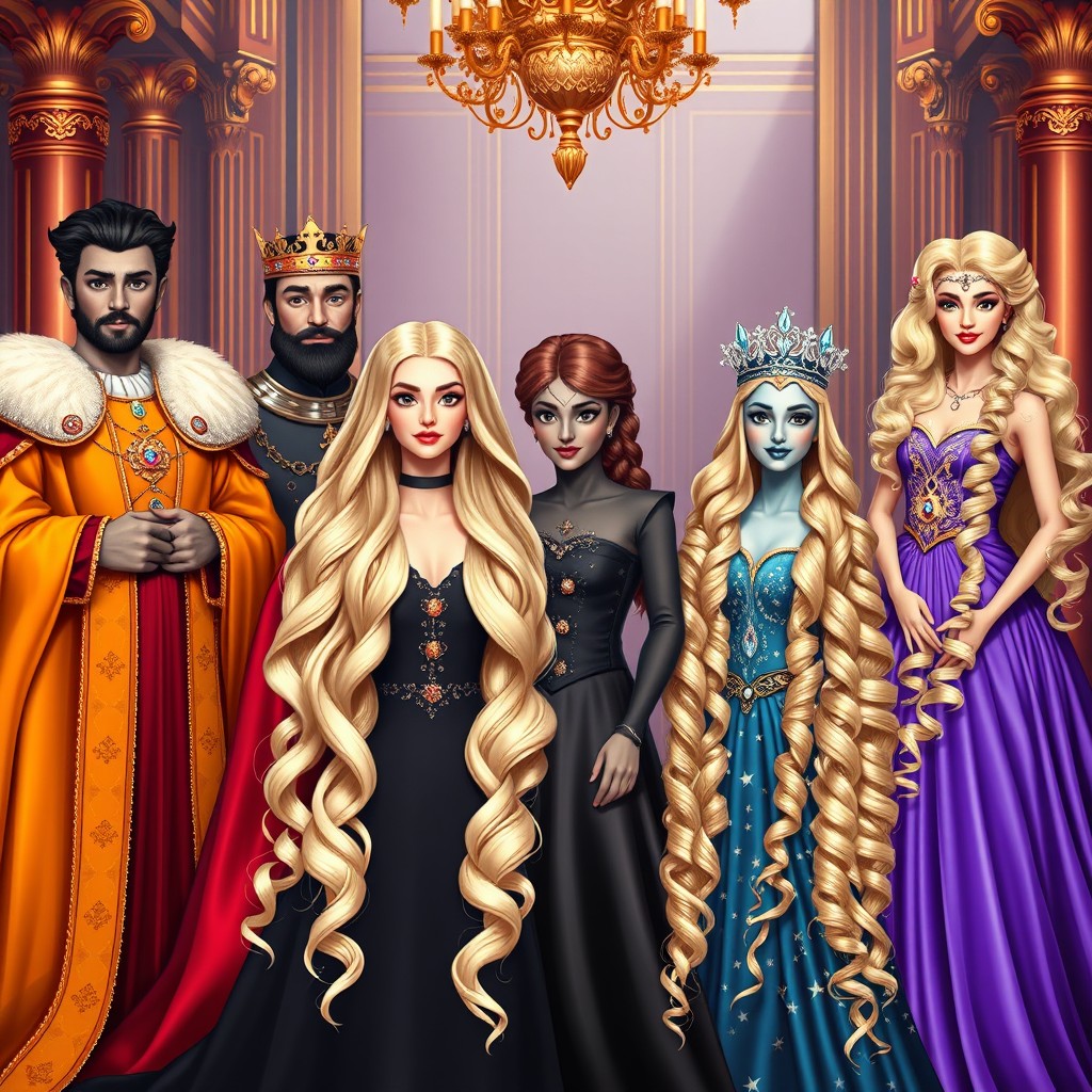 A majestic royal gathering featuring four distinctive kings and three beautiful queens