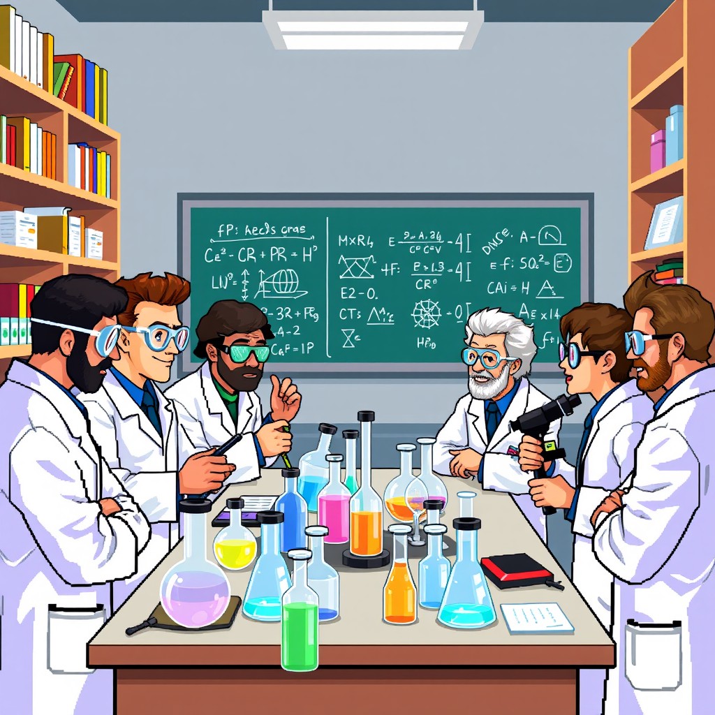 Pixel art depicting scientists in a laboratory discussing their research