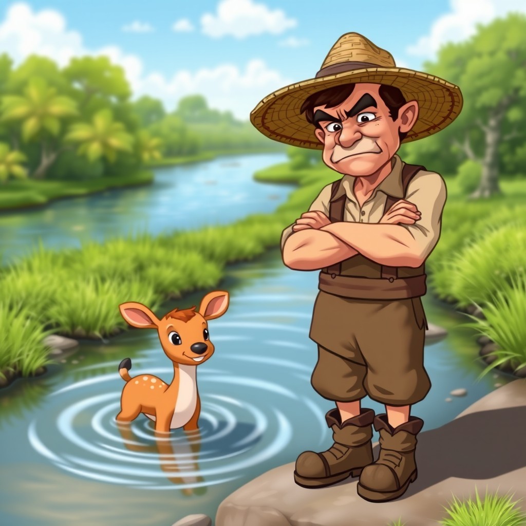 An angry farmer standing on a riverbank, arms crossed and frowning, showcasing frustration