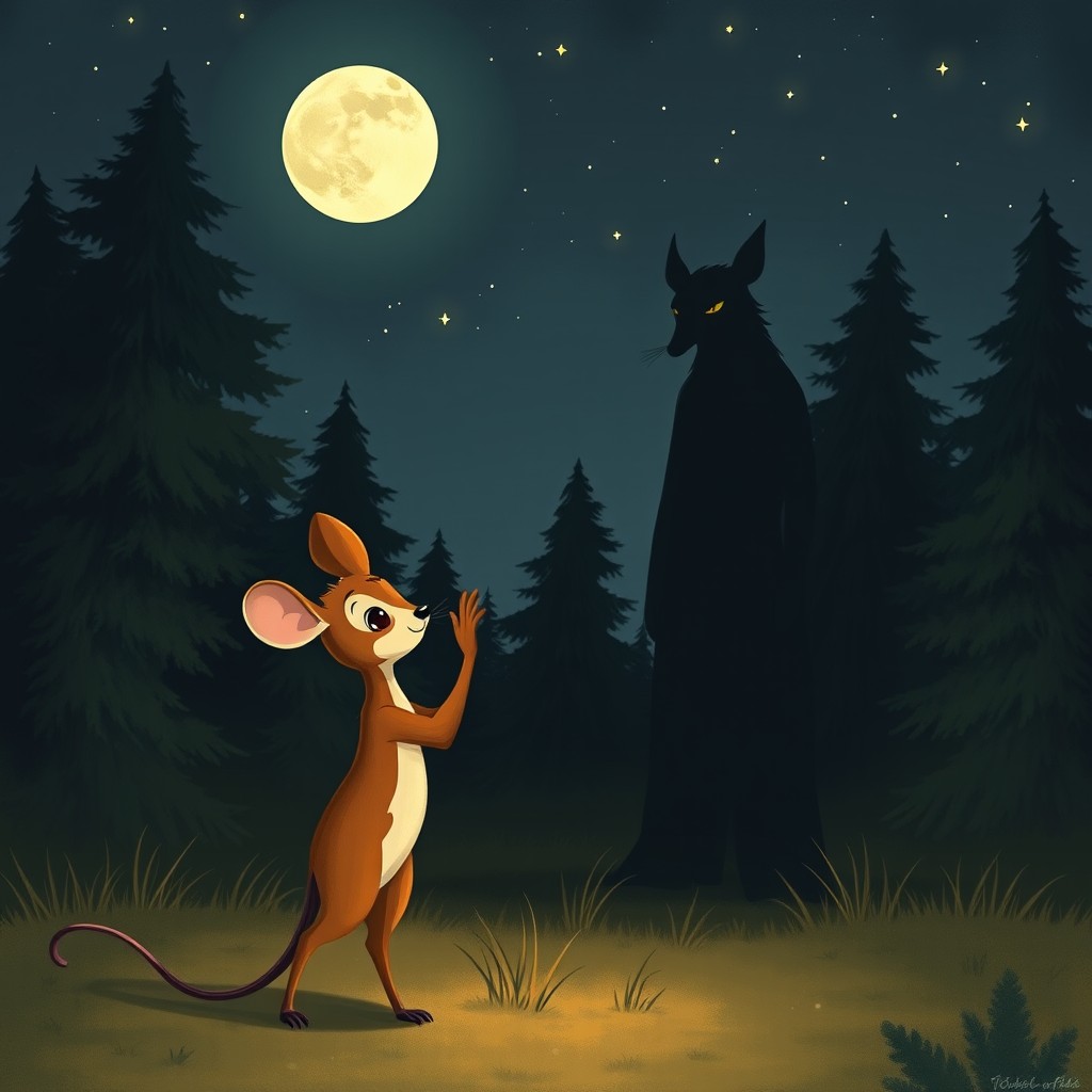A charming mouse deer standing on its hind legs, politely waving at a tall, shadowy Tar figure in a serene moonlit landscape