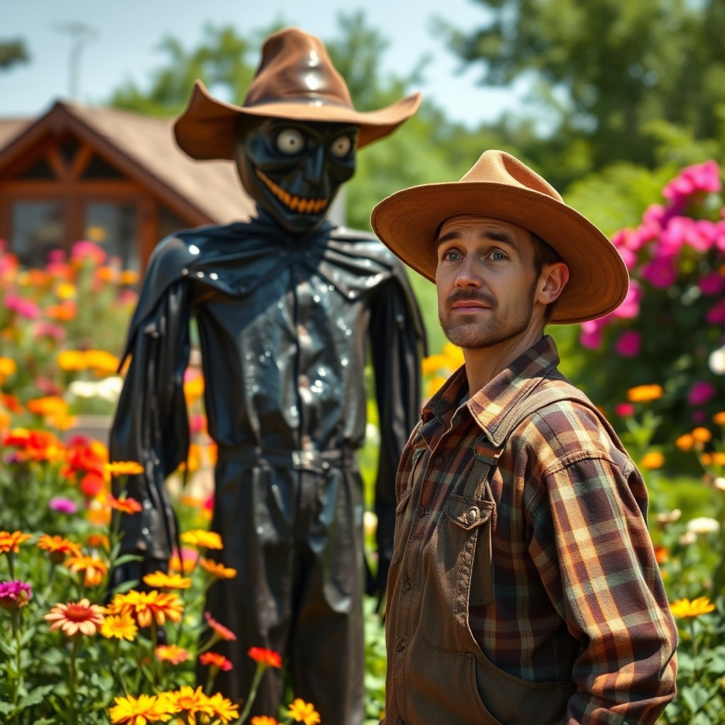 A shiny black tar scarecrow standing tall in a vibrant garden filled with blooming flowers and lush greenery