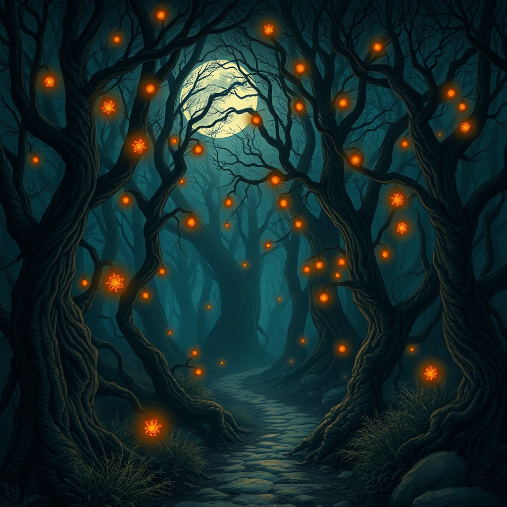 A dark enchanted forest at night, illuminated by mystical orange will-o'-the-wisps that float gracefully among twisted trees