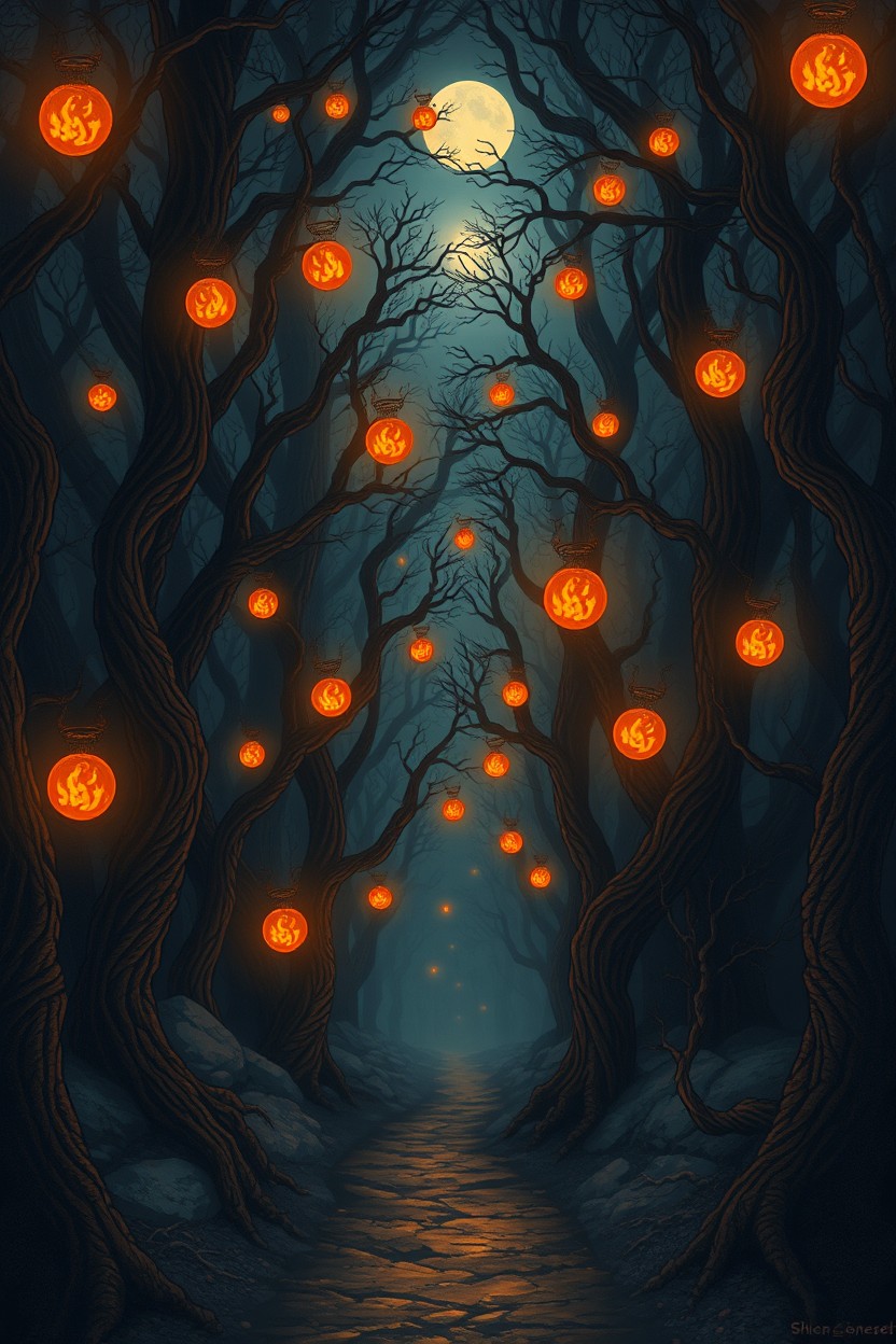 A dark enchanted forest at night, illuminated by mystical orange fireballs that float among twisted trees