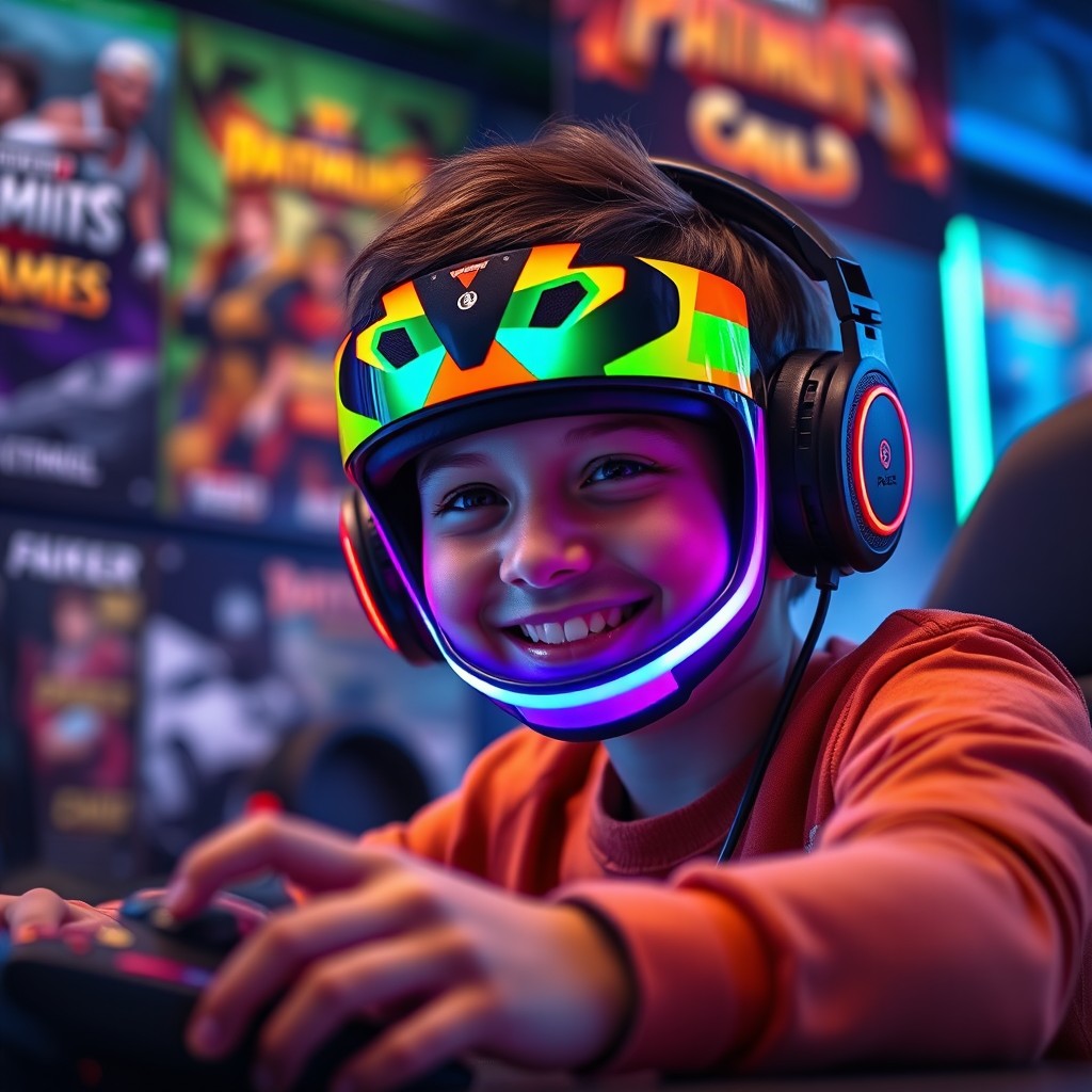 A young gamer wearing a colorful video game mask, facing forward with a bright smile, headphones snugly over their ears, deeply engrossed in playing their favorite video game
