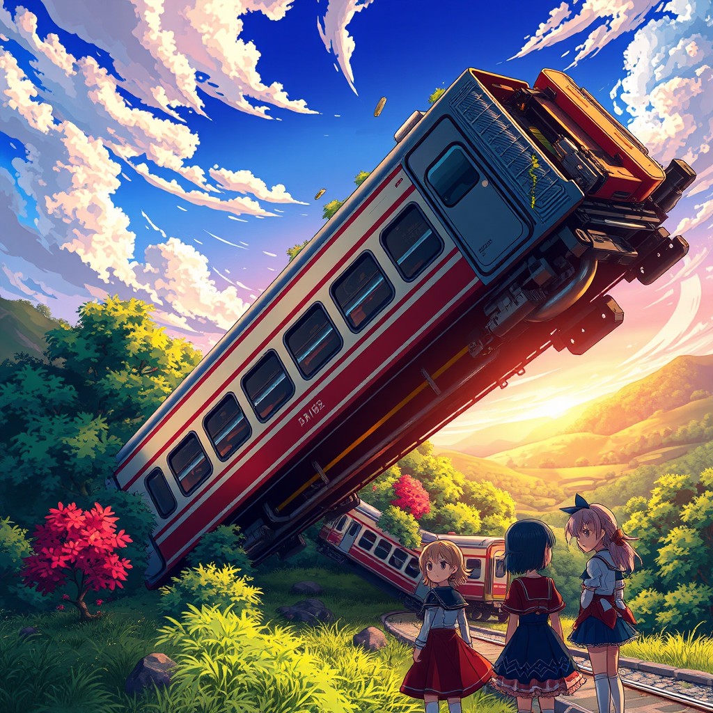 An anime-style illustration of a dramatic scene with a derailed train in a lush, vibrant landscape