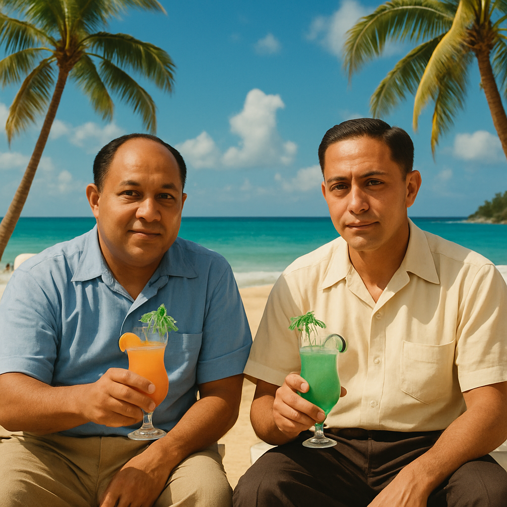 Make an image of these two men sitting on the beach having a cocktail in a tropical paradise