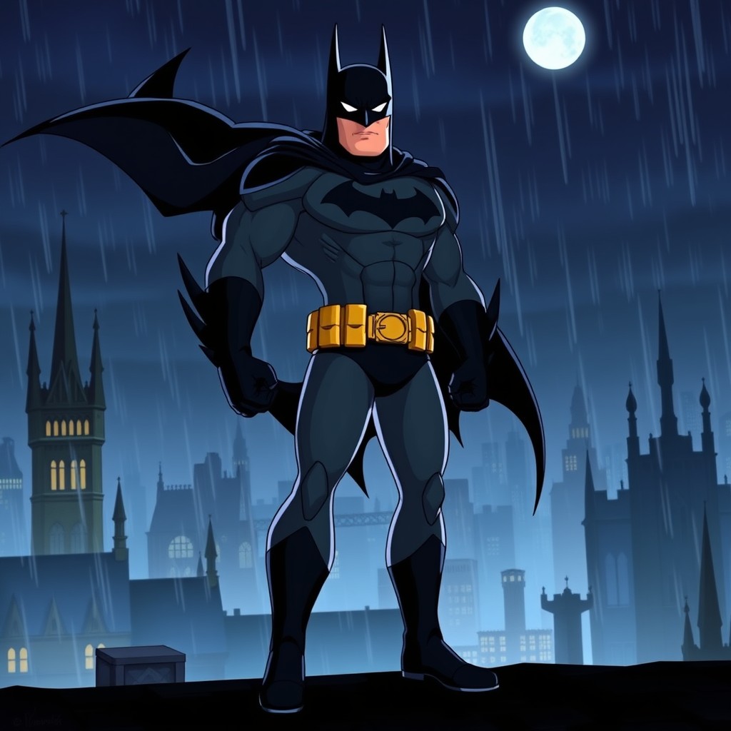 A dynamic depiction of Batman from the animated series, featuring his iconic dark suit with the bat symbol prominently displayed on his chest