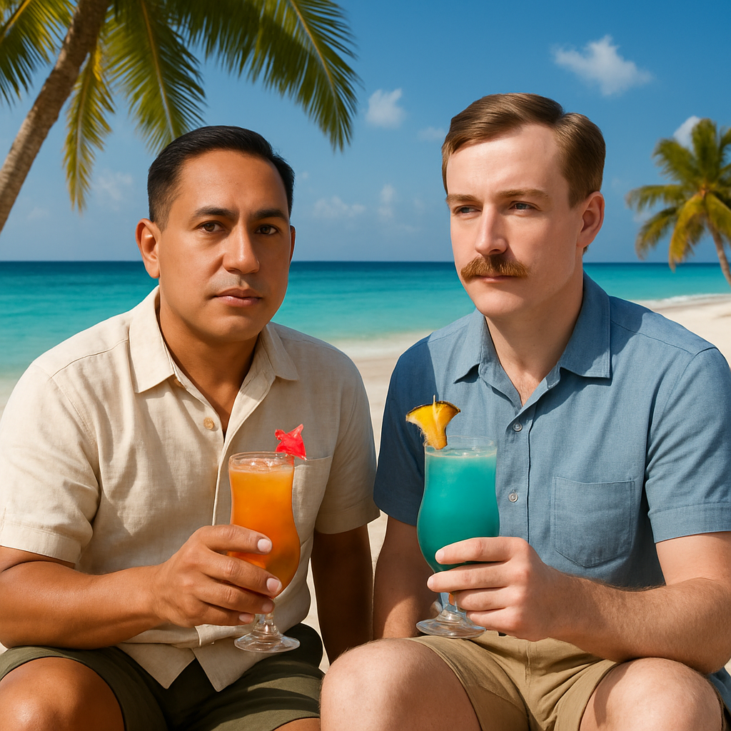 Make an image of these two men sitting on the beach having a cocktail in a tropical paradise